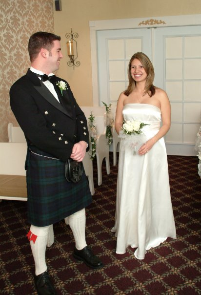 Lee wearing a kilt at his wedding with his wife Michelle